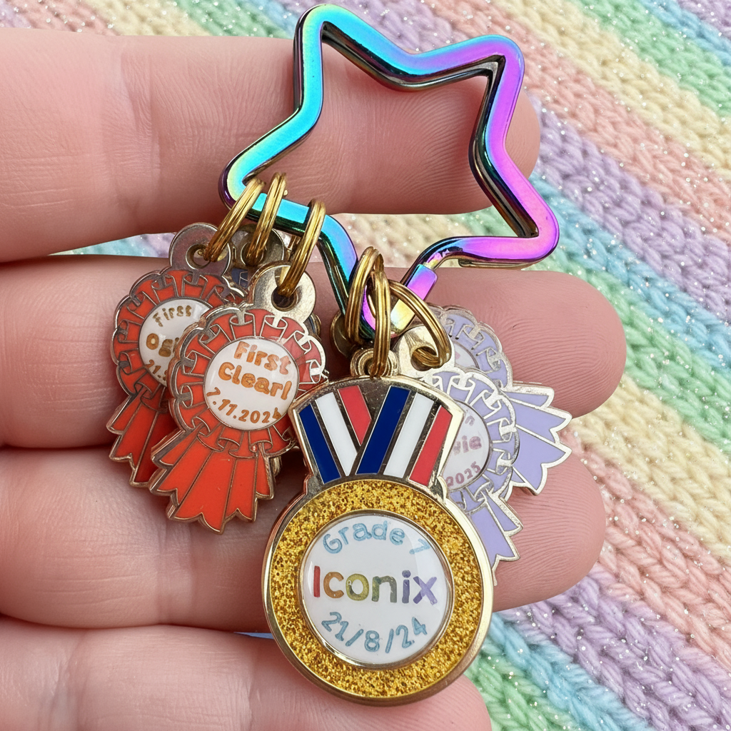 Colorful star-shaped keychain with various charms held in a hand against a white background