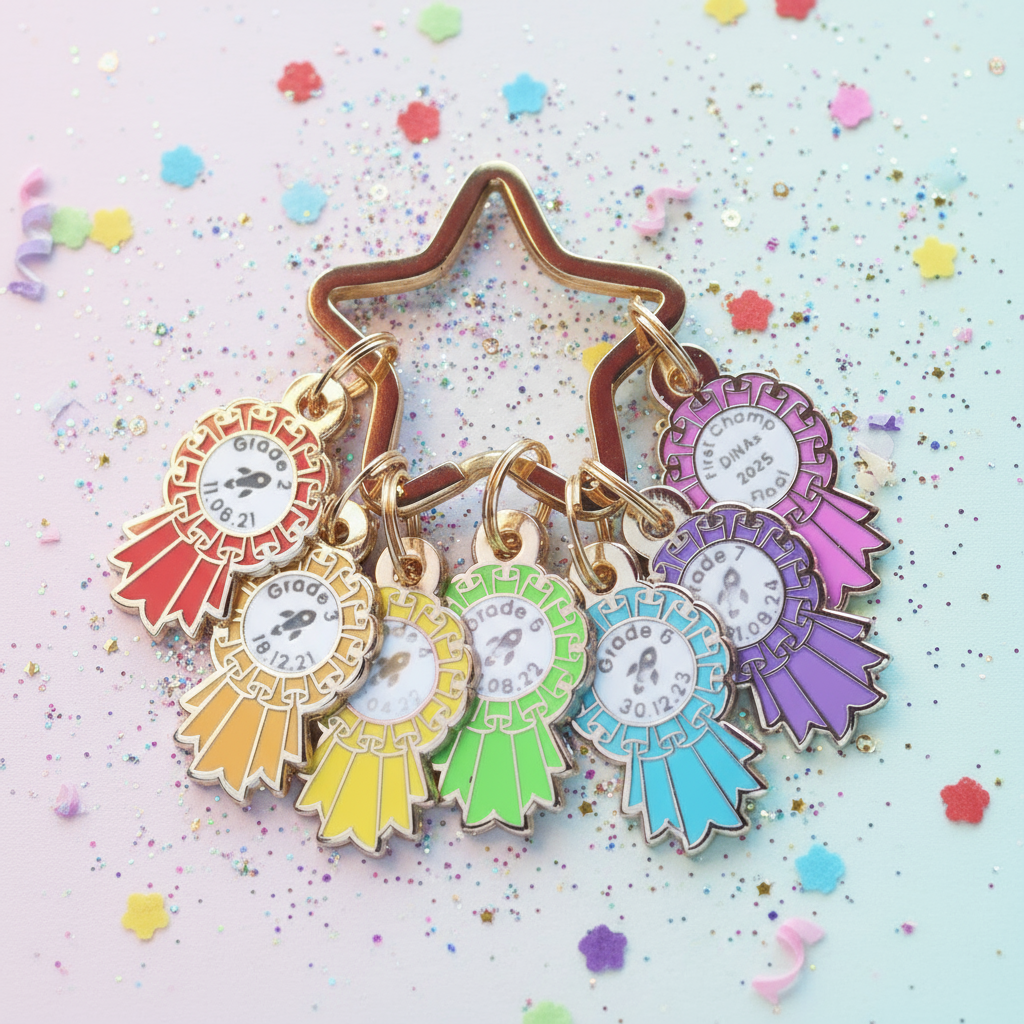 Colorful ribbon-shaped keychains with star-shaped holder on a light blue background with confetti.