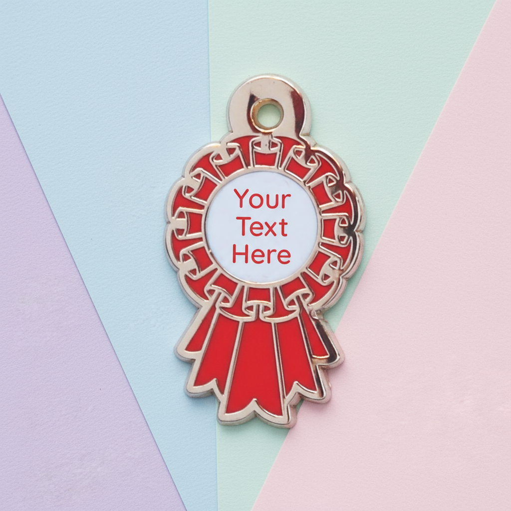 Red ribbon badge with customizable text on a pink and white background