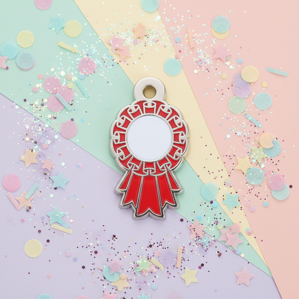 Red ribbon award charm on a colorful pastel background with confetti