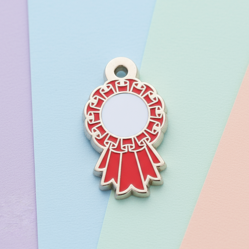 Red ribbon award charm on a pastel background