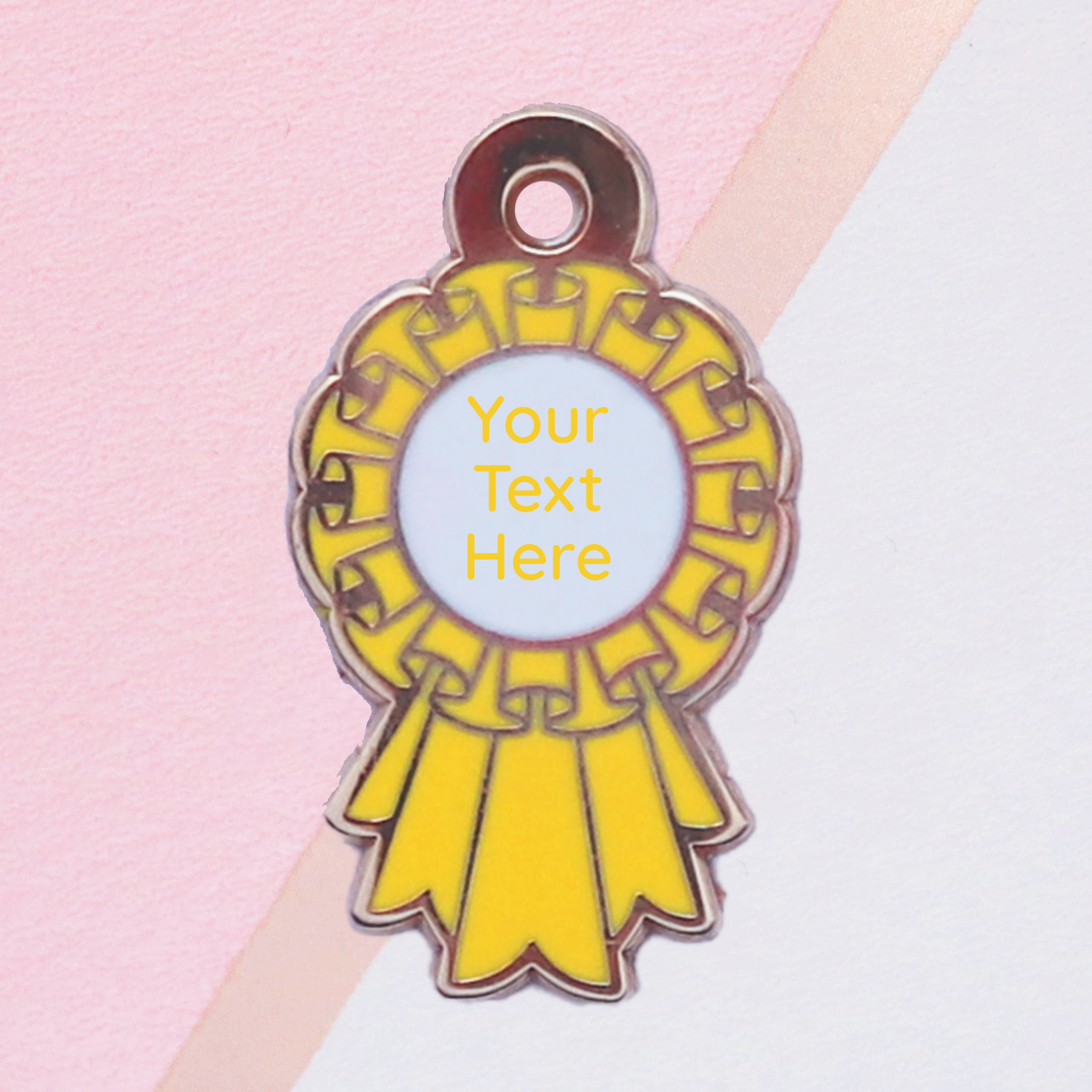 Yellow ribbon award badge with customizable text on a pink and white background